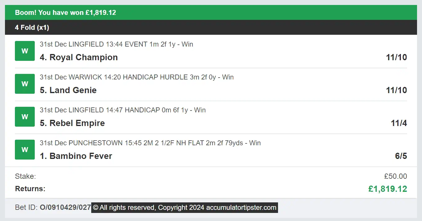 Accumulator Tipster - Winner - 2024-12-31